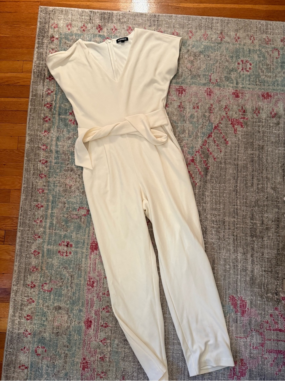 Express V-Neck Tie Waist Straight Leg Jumpsuit with Pockets-White - Picture 13 of 14